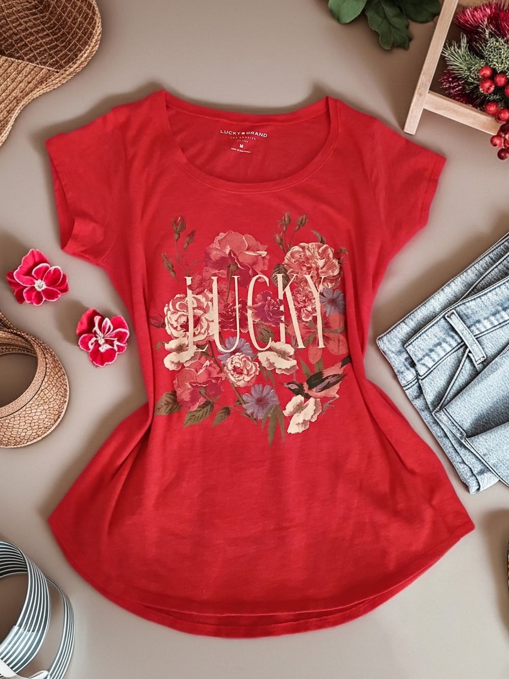 Lucky Brand Red Floral 'Lucky' Graphic Tee